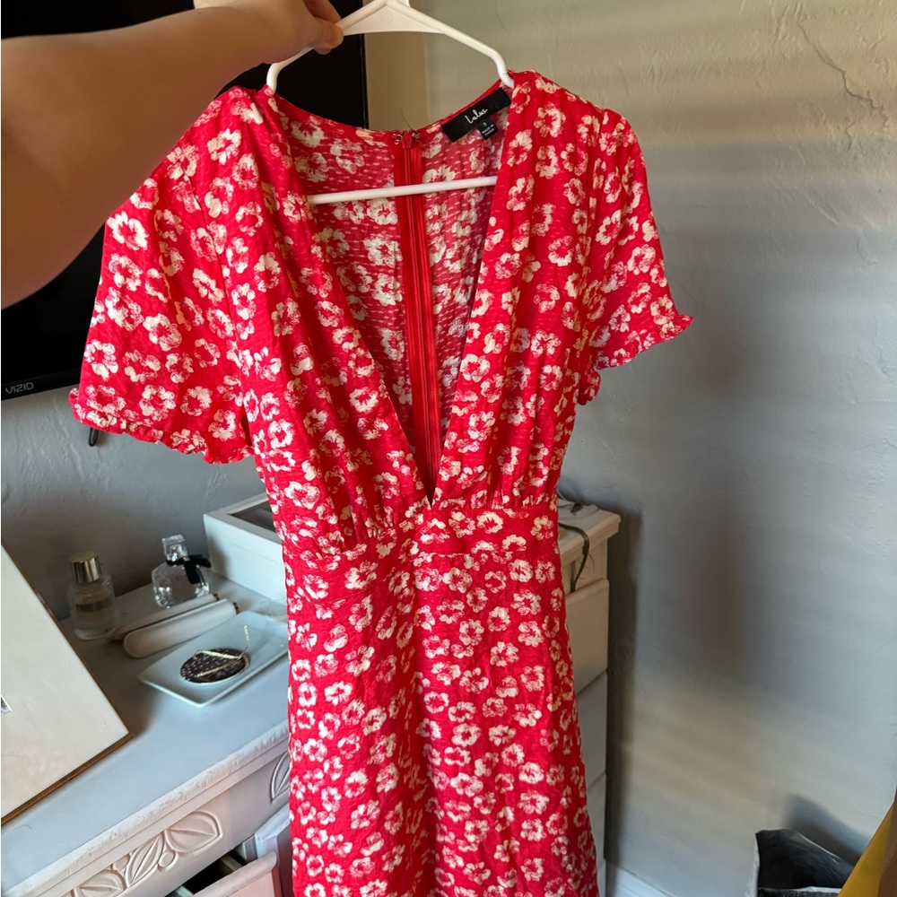 Lulu's Red Floral Wrap Midi Sundress